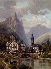 Famous Town Paintings - An Agler Before An Alpine Riverside Town